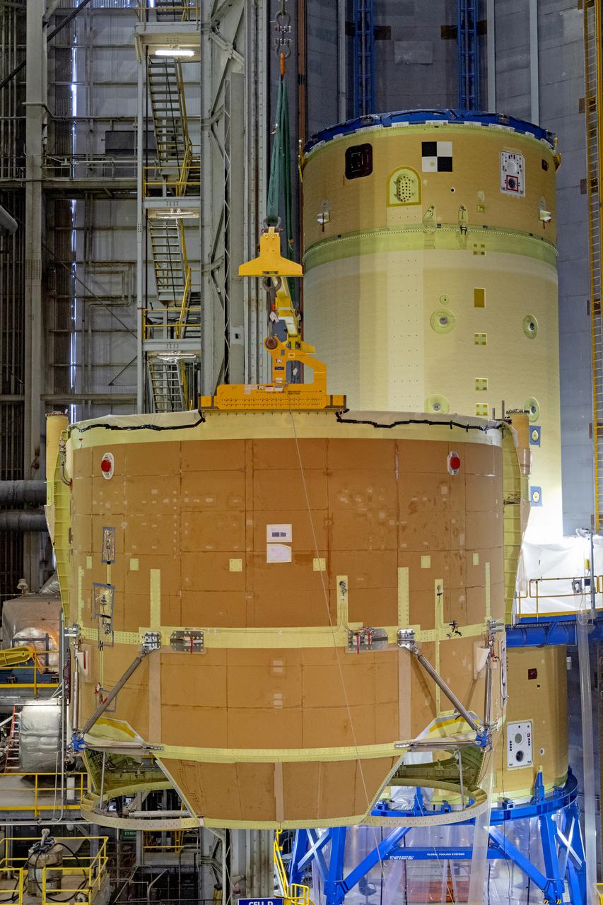 Technicians at NASA’s Michoud Assembly Facility have joined the engine and boat-tail sections of NASA’s Space Launch System rocket for Artemis II in preparation for its next step in production. When complete, the engine section will house the four RS-25 engines and include vital systems for mounting, controlling and delivering fuel from the propellant tanks to the rocket’s engines. The boat-tail is designed to protect the bottom end of the core stage and the RS-25 engines and was joined with the engine section to comprise the lowest portion of the 212-foot-tall core stage. Together with its four RS-25 engines and its twin solid rocket boosters, it will produce 8.8 million pounds of thrust to send NASA’s Orion spacecraft, astronauts, and supplies beyond Earth’s orbit to the Moon and, ultimately, Mars. Offering more payload mass, volume capability, and energy to speed missions through space, the SLS rocket, along with NASA’s Gateway in lunar orbit, the Human Landing System, and Orion spacecraft, is part of NASA’s backbone for deep space exploration and the Artemis lunar program. No other rocket is capable of carrying astronauts in Orion around the Moon in a single mission.